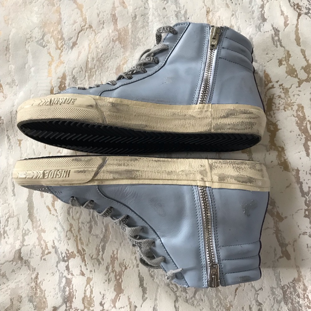 🏇Golden Goose Distressed Light Blue & Silver Hi-Top Sneakers - Picture 11 of 13
